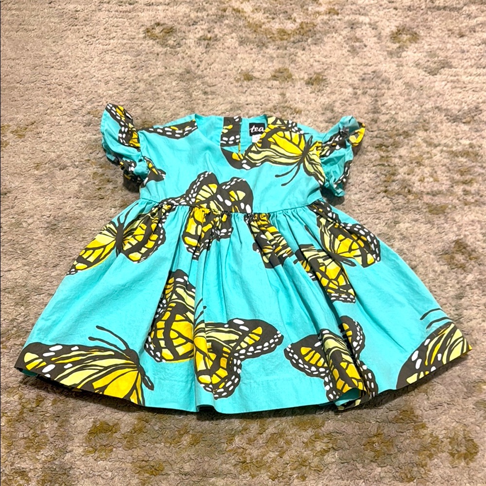 Tea Collection Baby Girl Teal Monarch Ruffle Sleeve Butterfly Print Dress 12-18M